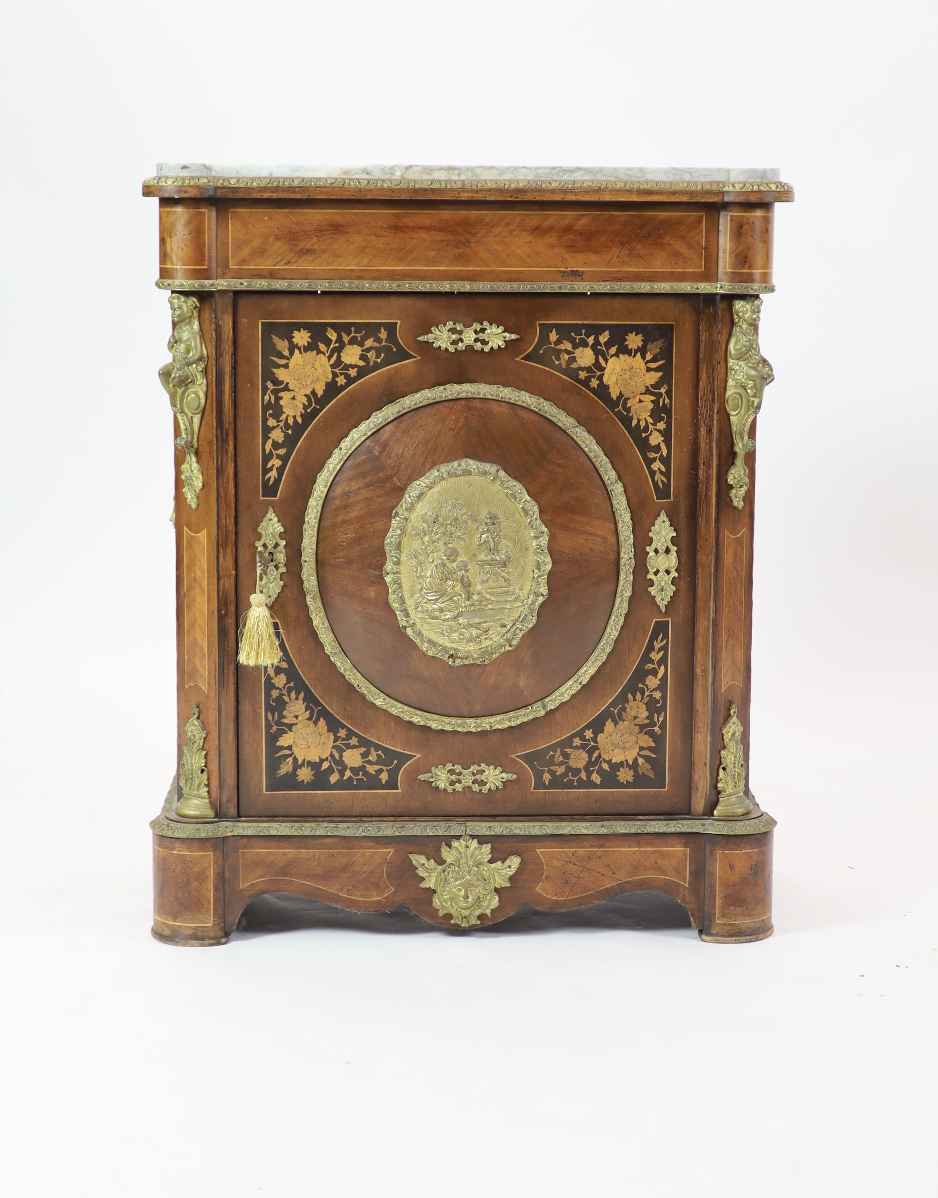 A Louis XVI style marquetry inlaid walnut, marble topped pier cabinet, width 84cm, depth 40cm, height 103cm